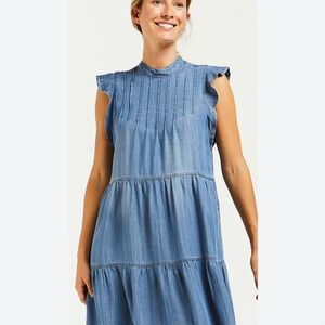 Tiered denim midi dress with pintuck detail and pockets, size XS, NWOT